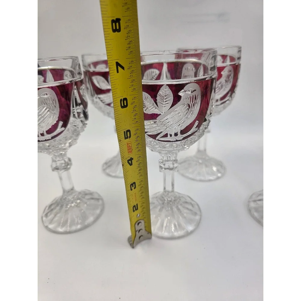 Vintage Bohemian Ruby Red Cut to Clear Crystal Wine Goblets Etched Bird Set of 6